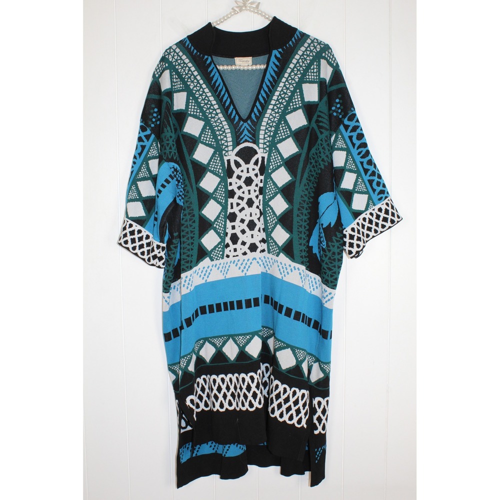 Temperley London Blue/Black V Neck Midi‎ Knit Dress Size Large